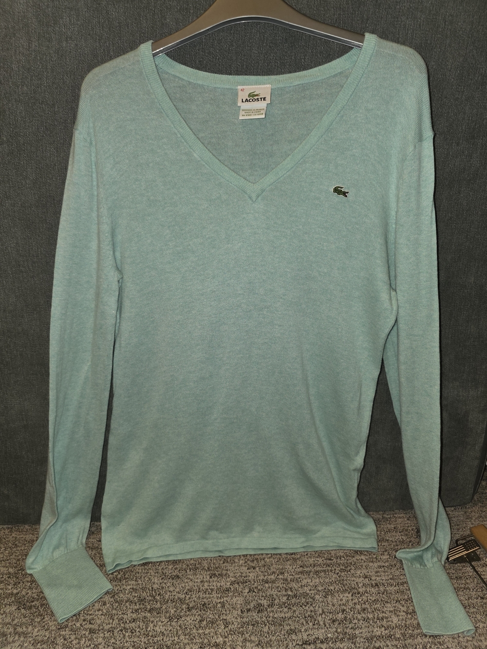 Lacoste Light Aqua V-Neck Sweater Size Large (42) PTP 21 In Length 26 In